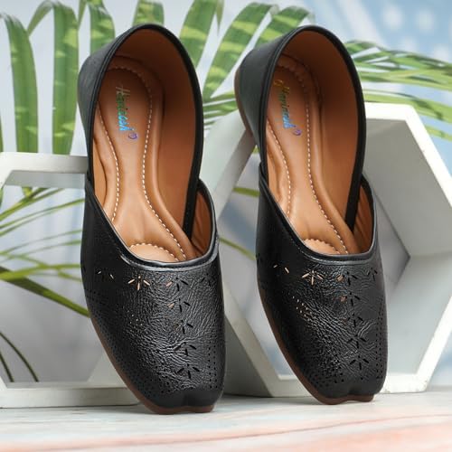 Image of Duosoft Women's Leather Ballet Flats, Black Perforated Design, Comfort Cushioned Insole, Slip-On Style Bellies Dw-201-Tan