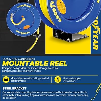 Goodyear Air Hose Reel Retractable 1/2 Inch x 65' Foot SBR Rubber Hose Max 300PSI Heavy Duty Industrial Steel Single Arm Construction