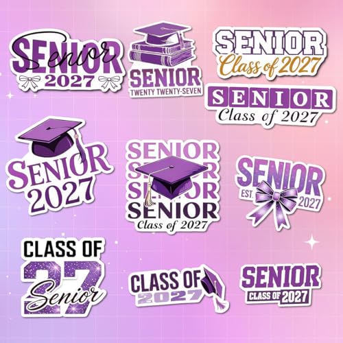 10 Pcs Senior Class of 2027 Graduation Stickers, Blue Graduation Cap, Senior 27 Typography, High School Gift Stickers Die-Cut Waterproof for Laptop, Water Bottle, Phone (Purple, 4 inch)
