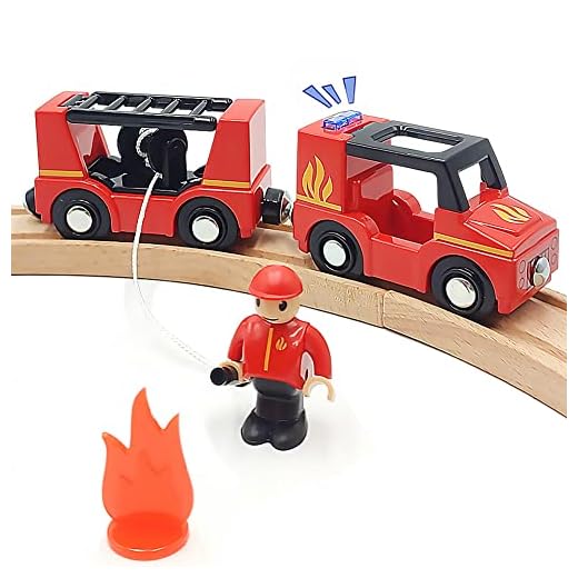 Wooden Train Cars Track Accessories Set Rescue Fire Truck Small Vehicles Magnetic Train Cars Fit for Wooden Train Track Railway for Boys and Girls (Fire Truck(with Light and Sound))