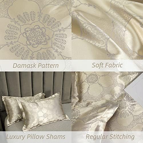 STYHO 3-Piece Silky Jacquard Satin Quilt Duvet Cover Bedding Set 100% Microfibre Luxury Floral Bedding Sets King Size with Matching 2 Pillow Shams(King,Cream)