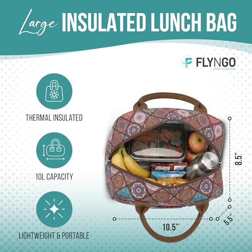 Image of FLYNGO Large Insulated Lunch Bag for Office, School, Women, Men, Tiffin Pouch Bag, Hot & Cold Lunch Box Bags for Boys, and Girls (Brown Mandala)