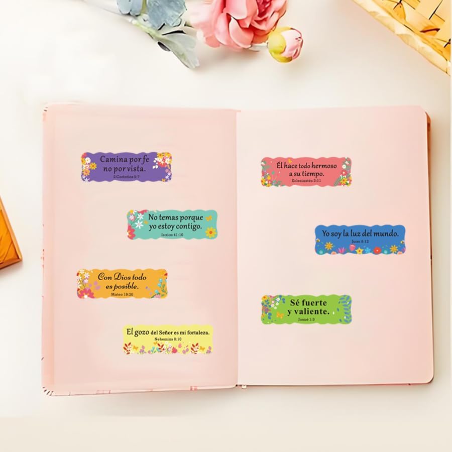 200 Pcs Spanish Bible Verse Stickers Roll, Colorful Floral Inspirational Scripture Labels for Packaging, Gift Wrapping, Envelope Sealing, Journals and Scrapbooking Decoration