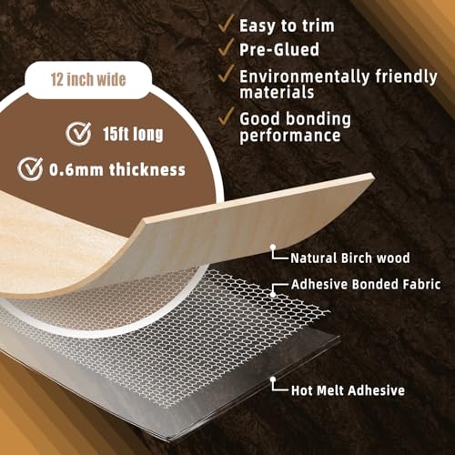 Image of GSCIT Club Birch Wood Veneer, 12 inch x 15ft Wood Edge Banding Pre-glued Flexible, Veneer Tape Banding for Cabinet Repair Furniture Restoration