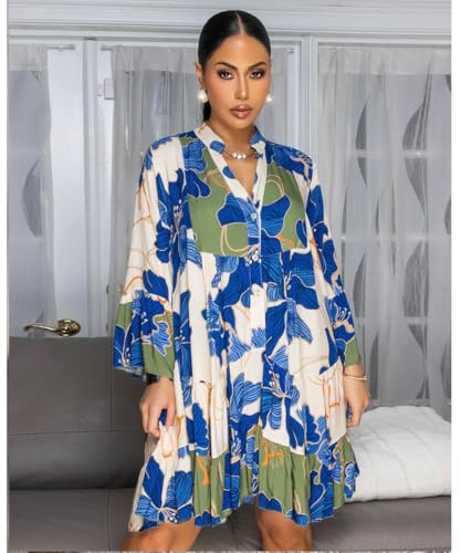 knowfashionstyle Womens Dresses 2025 Summer Boho Floral Button Tunic V Neck Dress Casual Long Sleeve Flowy Loose Shirt Dress2