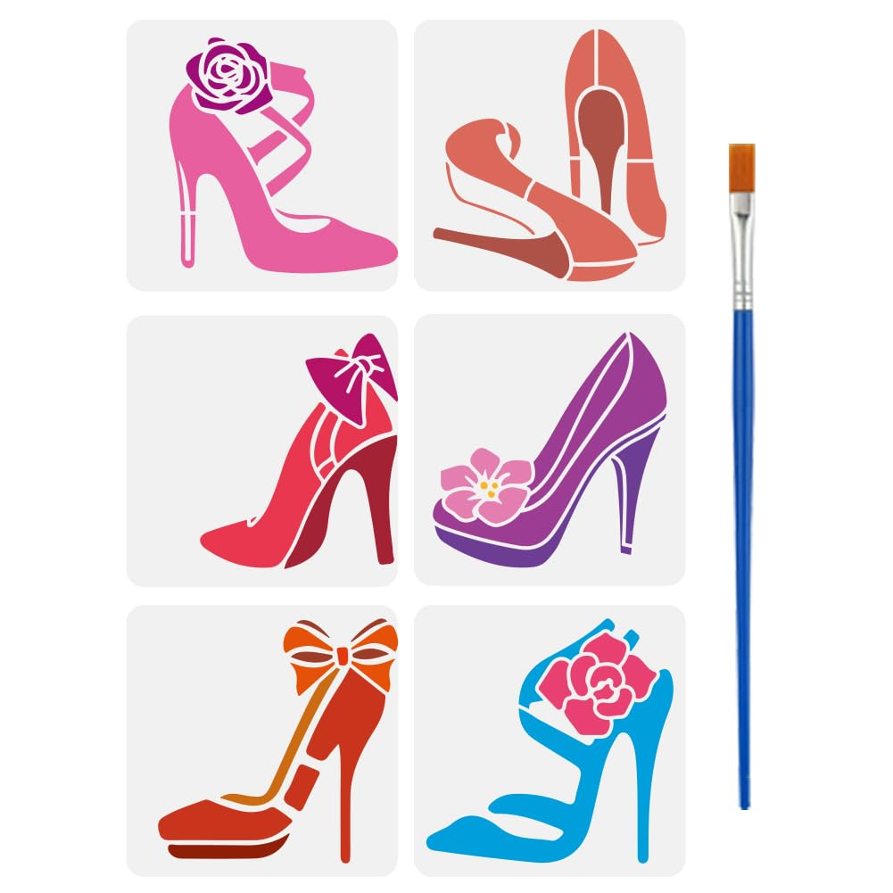 FINGERINSPIRE 6PCS High Heels Stencils for Painting with Brush 15x15cm Reusable Flowers Bows Template Hollowed Shoe Pattern Stencil Plastic PET Woman Theme Template for Wall Furniture Decoration