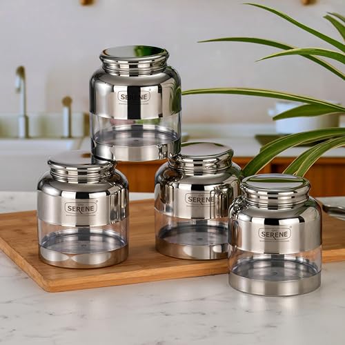 Image of Serene Stainless Steel Exotic See-Through Jar | Airtight Jars for Kitchen Storage | Premium Steel Jars with One Turn Lock Lid | Transparent Stainless Steel Containers | 650ML | 4 PC