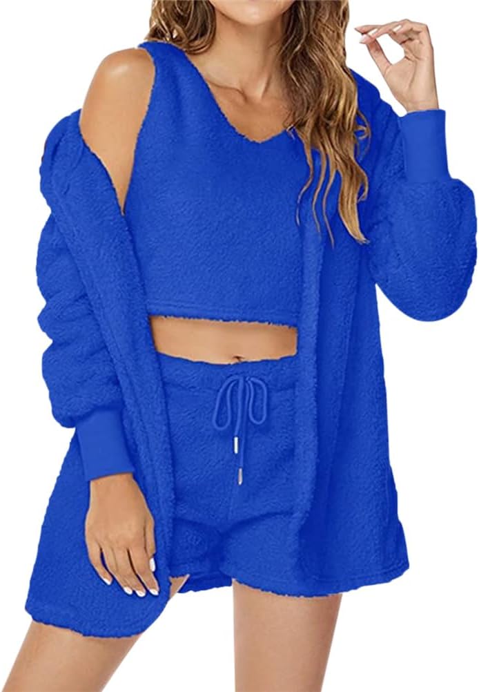 3-teiliges Pyjama-Set Damen - Teddy Fleece Loungewear Mit Kapuze | Winter Sleepwear | Gemütlich