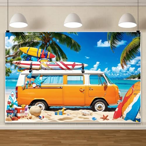 Camion tropical et palmier décoratif sur grand fond pour animer un anniversaire estival