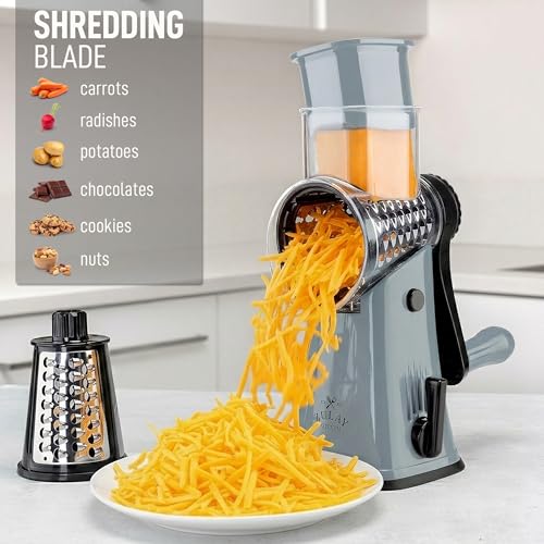 Image of Zulay Kitchen Rotary Cheese Grater 5 Blade Cheese Shredder - Manual Hand Crank Cheese Grater With Reinforced Suction & 5 Interchangeable Drums - Easy to Use, Vegetable Chopper Round Mandoline Slicer
