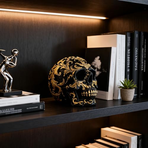 Figura Decorativa Calavera Gótica 9.2 cm Resina Negra y Dorada miniatura 4