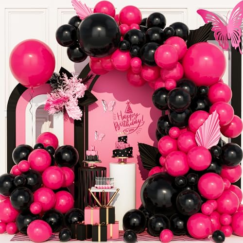 Ousuga Kit Arche Ballons Noir Rose,111Pcs Guirlande Ballon Matte Noir Rose Rouge Fête Révélation Du Sexe fille Manquer d'Anniversaire Mariage Valentin...