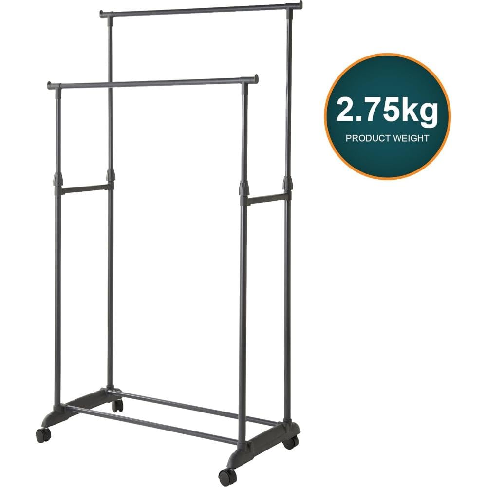 SKY-TOUCH Double Rail Clothes Rack, Movable Portable Clothes Drying Rack, Bedroom Laundry Room Display Rack with Wheels and Sturdy Base, Black, 78 * 41 * 152 cm, Adjustable Height