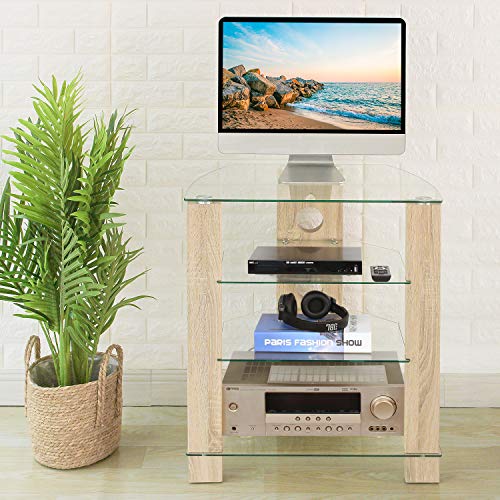 TAVR 4-Tier Wood Media Compontent TV Stand Audio Video Tower Rack HiFi Stereo Cabinet Stand with Tempered Glass Shevles for TV/Xbox/Gaming Consoles/Media Component/Streaming Device ,Cable Mangement - Thumbnail 2