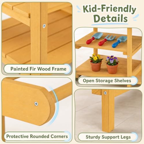 Image of HONEY JOY Mud Kitchen with Wheels, Fir Wood Outside Play Kitchen for Toddlers, Realistic Faucet & Water Tank, Stoves, Sink, Storage Shelf, Planter Cups, Mud Table for Kids Outdoor Backyard,Natural