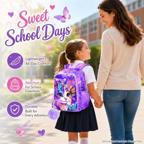 Image of 3Pcs Cat Backpack for Girls, 16 inch School Bookbag Set with Lunch Box，Kids Backpacks for Elementary Preschool Kindergarten (Purple)