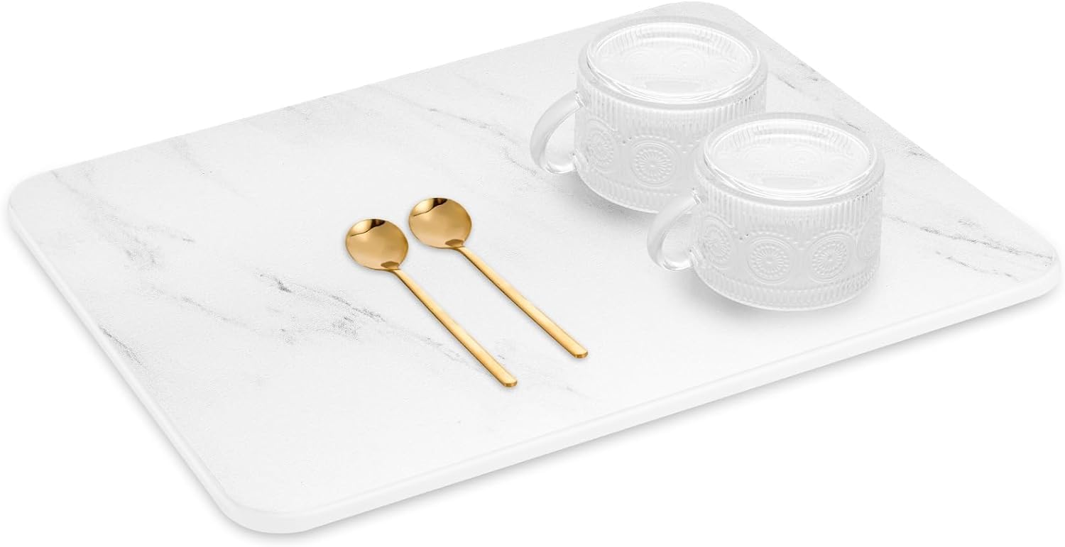 Uniface Whtie Marble Stone Dish Drying Mat for Kitchen Counter,Quick Drying Diatomaceous Earth Stone Mat,Heat Resistant Non-Slip Mat for Kitchen Bathroom