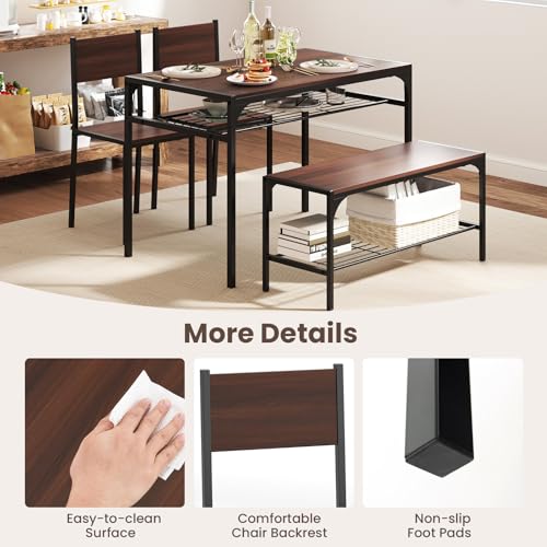 Image of Giantex Dining Table Set for 4, Kitchen Table with Chairs & Bench, Storage Racks, Metal Frame, 4-Piece Space-Saving Dinette Set for Dining Room, Breakfast Nook, Small Space, Apartment, Walnut
