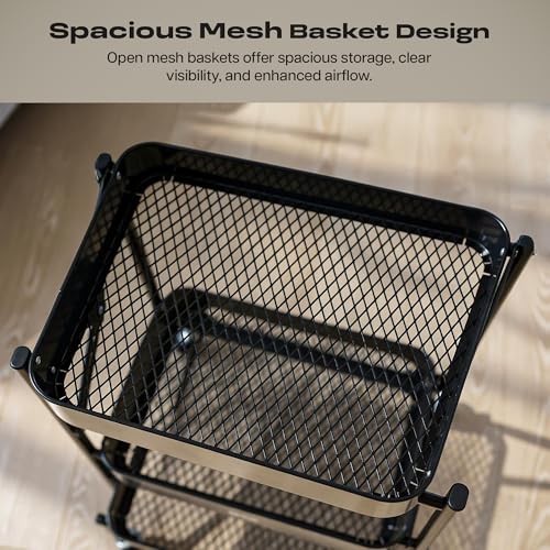 Image of Multipurpose Foldable Kitchen Storage Trolley | Heavy Metal 3-Tier Utility Cart for Storage | Portable Cart for Kitchen, Bedroom, Office | Kitchen Rack with Lockable Wheels (Black)