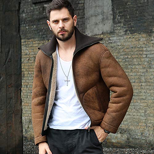 Denny&Dora New Mens Brown Shearling Jacket Lapel Leather Jacket