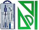 Compás Escolar de Precisión Staedtler 550 (Reemplazo)+ Conjunto con: Escuadra, Cartabón, Regla y Semicírculo, Color Verde (02)