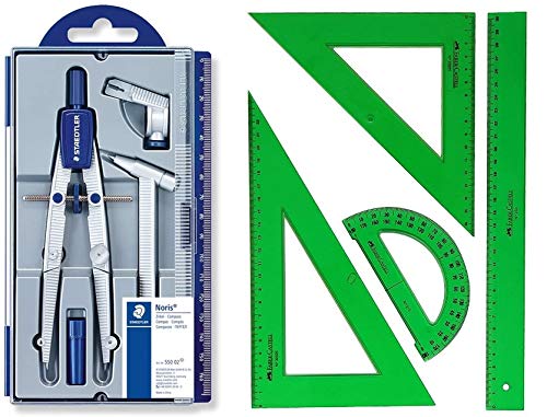 Compás Escolar de Precisión Staedtler 550 (Reemplazo)+ Conjunto con: Escuadra, Cartabón, Regla y Semicírculo, Color Verde (02)