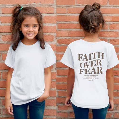 Image of Faith Over Fear Shirt Christian Jesus Tshirts for Girls Religious Inspirational Tees Bible Verse Tops for Kids 3-12