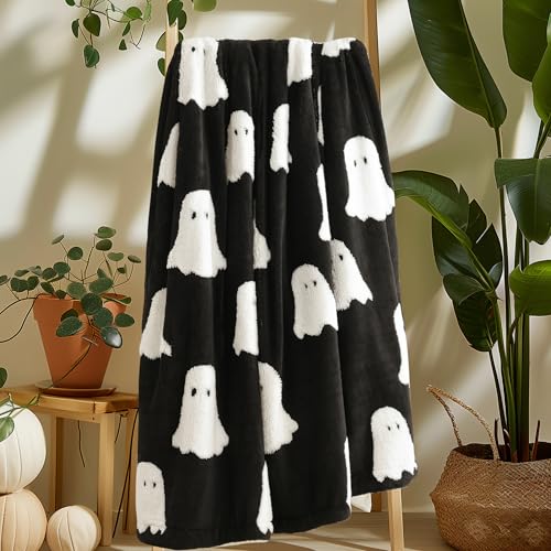 Smoofy Throw Blanket Halloween Blanket with White Ghost Black Throw Blankets for Bed and Couch Soft Fluffy Fleece Blanket 50x60 inches