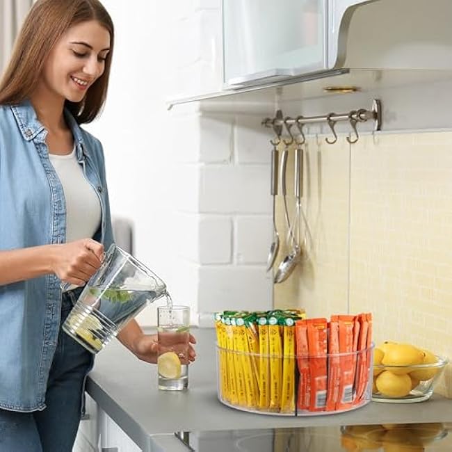 Drink Packet Organizer, Turntable Water Packet Organizer, Mix Drink Station Organizer, Pantry Organization Storage Bins for Kitchen Fridge Countertop Cabinet, 5 Parts for Snacks Packets Spices