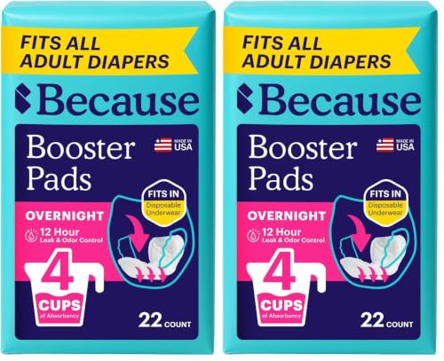 Image of Because Overnight Booster Pads Fit All Adult Diapers, Helps Keep Your Adult Diaper Active All Night, Adds 4 Cups to Incontinence Underwear, Extra Absorbency, 22 Count (Packaging May Vary) (Pack of 2)