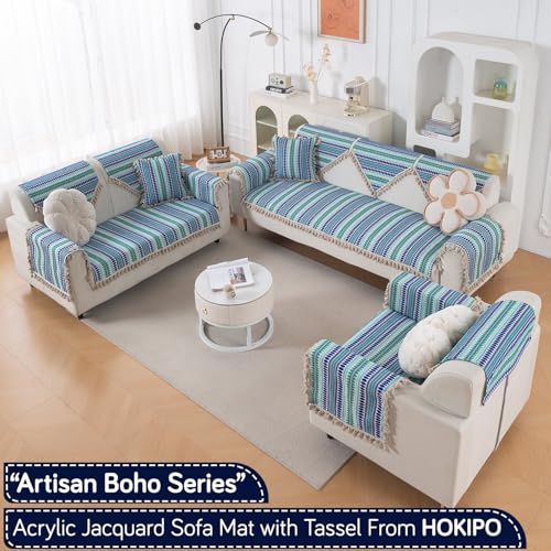 Image of HOKIPO 'Artisan Boho Series' Sofa Cover Mat with Tassel | 450 GSM Cotton Acrylic Jacquard for 1 Seater Sofa, Royal Blue (IN-901-A2*S)