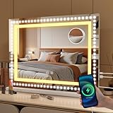 eklipt Schminkspiegel mit Beleuchtung,Hollywood Spiegel mit Beleuchtung, Doppelte LED Licht, Spiegelleuchte mit 42 LedsTouch Schalter 3 Lichtfarben Dimmbar USB Type-C 10X Tischplatte Weiß 58×43cm
