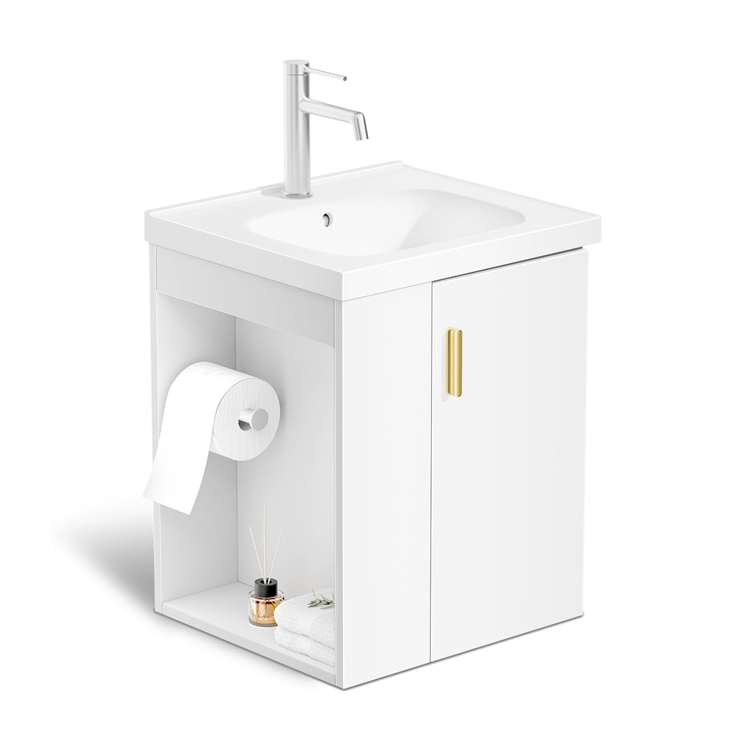 phiestina 16 Inch Pre-Assembled White Floating Bathroom Vanity for Small Space, Wall-Mounted Cabinet with Ceramic Sink, Soft-Close Door, Left Side