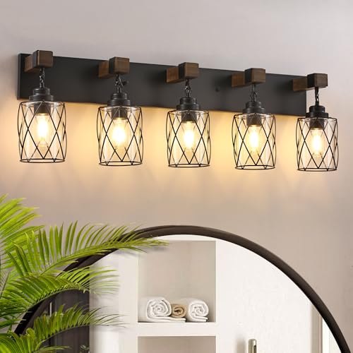 Image of Bathroom Light Fixtures, Farmhouse Wood & Black Metal with Glass Shade | 5 Light Rustic Vanity Lights, Mounted Over Mirror For Bathroom, Bedroom and Hallway, Easy To Install