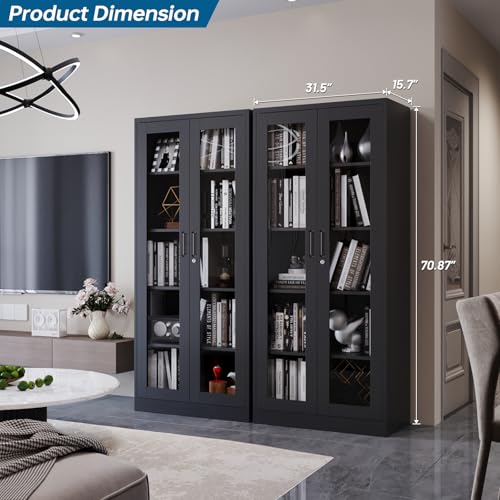 Display Storage Cabinet with Glass Door, 71 Inches Metal Curio Cabinet with 4 Adjustable Shelves, Locking Glass Display Case for Home, Office, Clinic, Pantry, Assemble Required (Black)