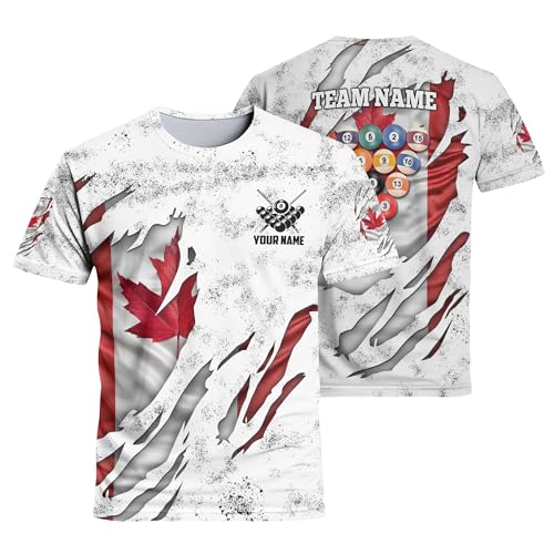 Customized Casual Novelty T-Shirt with Billiards Team Name 3D Billiard Rack and Canada Flag Clothes Playing Pool Gift