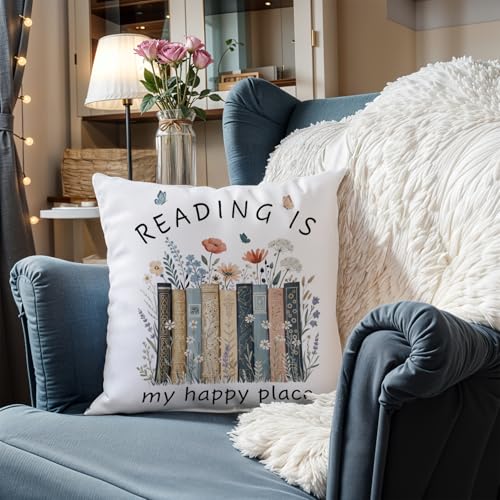 Image of Floar Book Lover Reader Gifts Pillow Covers, Bookish Bookworm Gifts, Reading is My Happy Place Book Pillow Cover Gifts for Women 18x18,Book Nook Decor,Reading Pillow for Kids