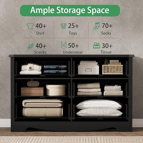 Image of Dresser for Bedroom with 6 Drawers, 48 inch Wide Wood Chest of Drawers with Deep Drawers & Mental Handle, Modern Dresser TV Stand, Wooden Closet Storage Organizer for Living Room, Hallway, Entryway, Black