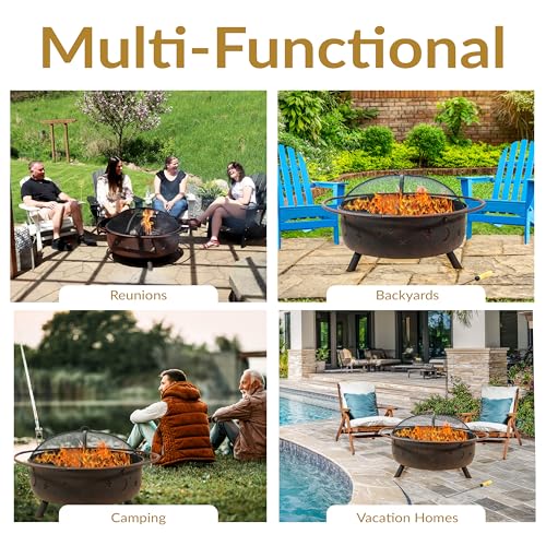 Sunnydaze Cosmic 42-Inch Large Outdoor Fire Pit - Wood-Burning Fire Pit with Round Spark Screen, Poker, and Built-in Grate