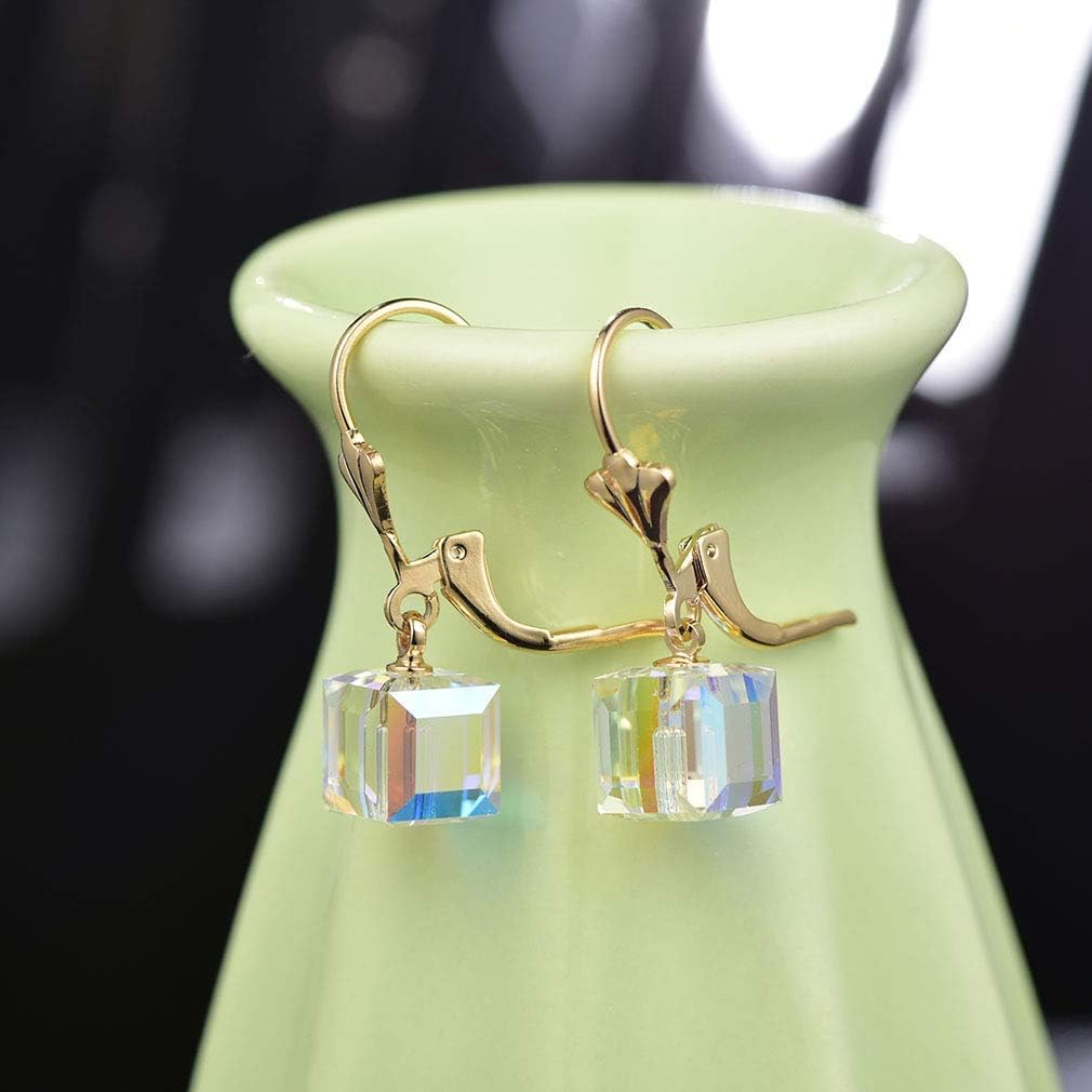 Austrian Crystal Cube Drop Earrings for Women Leverback Dangle Earrings 14K Gold Plated Hypoallergenic Jewelry - Image 5