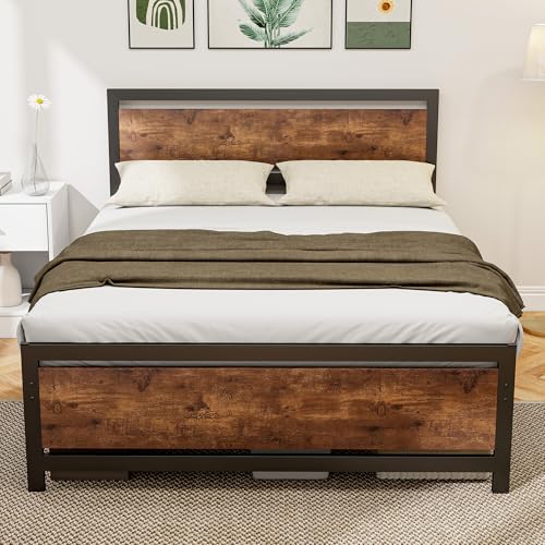 HOMCOM Cadre de lit Double en Acier avec sommier et tête de lit Compatible Matelas 190 x 140 cm Brun Rustique