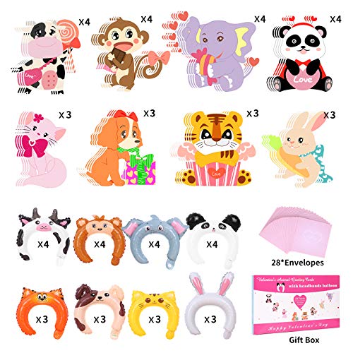 Valentines Day Cards For Kids - Animal Valentines Greeting Cards for School Classroom Exchange Party Supplies- Include 28 Animal Valentine Cards, 28 Inflatable Animal Headbands, 28 Gift Envelopes.
