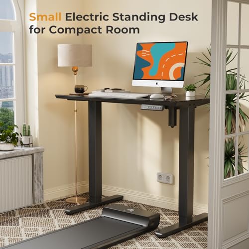 Image of JOY worker Small Glass Standing Desk, 35 inch x 20 inch Electric Whole Piece Height Adjustable Desk with 4 Lockable Casters, Mobile White Sit to Stand Workstation for Home Office, Black