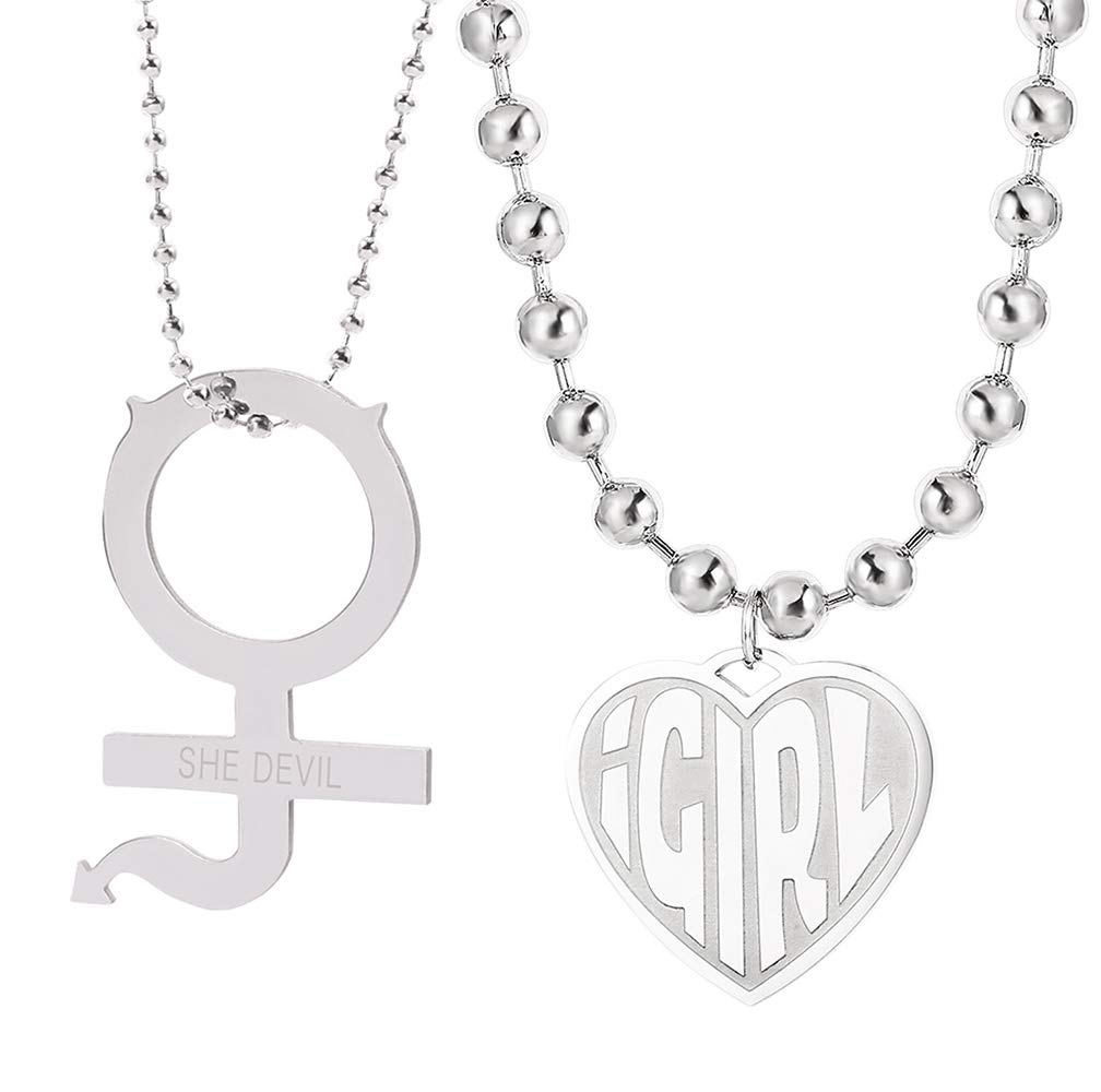 SEVENSTONEiGirl Heart Pendant Necklace Hip Hop Stainless Steel Double Side Letter Harajuku Female Symbol Gothic Streetwear Chain Necklace Jewelry for Girls Womens