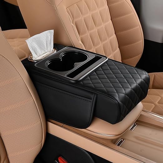 Car Seat Gap Organizer Armrest Box with Cup Holder & Tissue Holder, Universal Car Center Console Storage Box, PU Leather Arm Rest Cushion, Mobile/Wallet Storage, Car Interior Accessories – Black-image-49