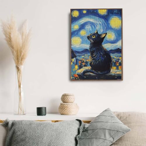 Starry Black Cat Jigsaw Puzzle 1000 Pieces, Wooden Puzzles for Adults, Great for Party Game Night, Relieve Stress, Enjoy Puzzle-Solving Fun, Decorate Living Room and Hallway Walls 19.7x27.6in by Generic - Used condition - Image 8