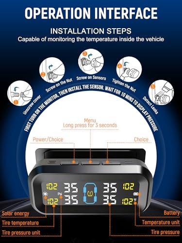 Tire Pressure Monitoring System with Solar & USB Charger-TPMS with 4 External Sensors & 6 Alarm Modes, LCD Display Screen, Real-Time Pressure & Temperature Monitor for Sedan/SUV/MPV/RV/Trailer 0-99PSI - Image 5