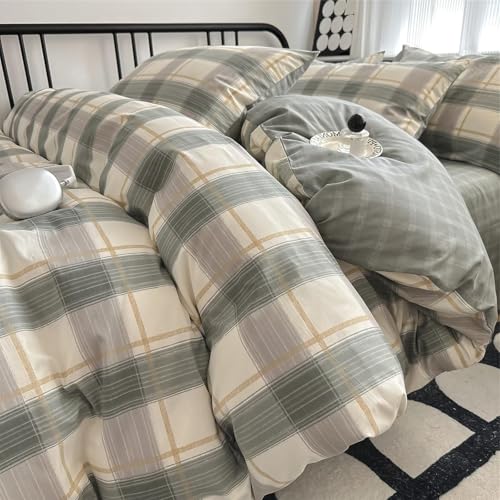 Image of VM VOUGEMARKET Green Gingham Duvet Cover Full Size Simple Farmhouse Style Cotton Boy Men Buffalo Plaid Bedding Set 1 Duvet Cover with 2 Pillowcases