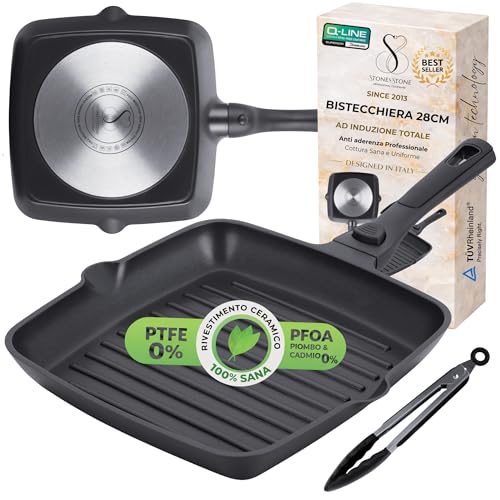 Stone&Stone Bistecchiera Induzione 28 cm Quadrata Antiaderente Manico Removibile, Piastra Grill Induzione BBQ, Rivestimento Ceramico Tedesco, Fondo Acciaio, Gas e Forno, Senza PFAS PFOA PTFE