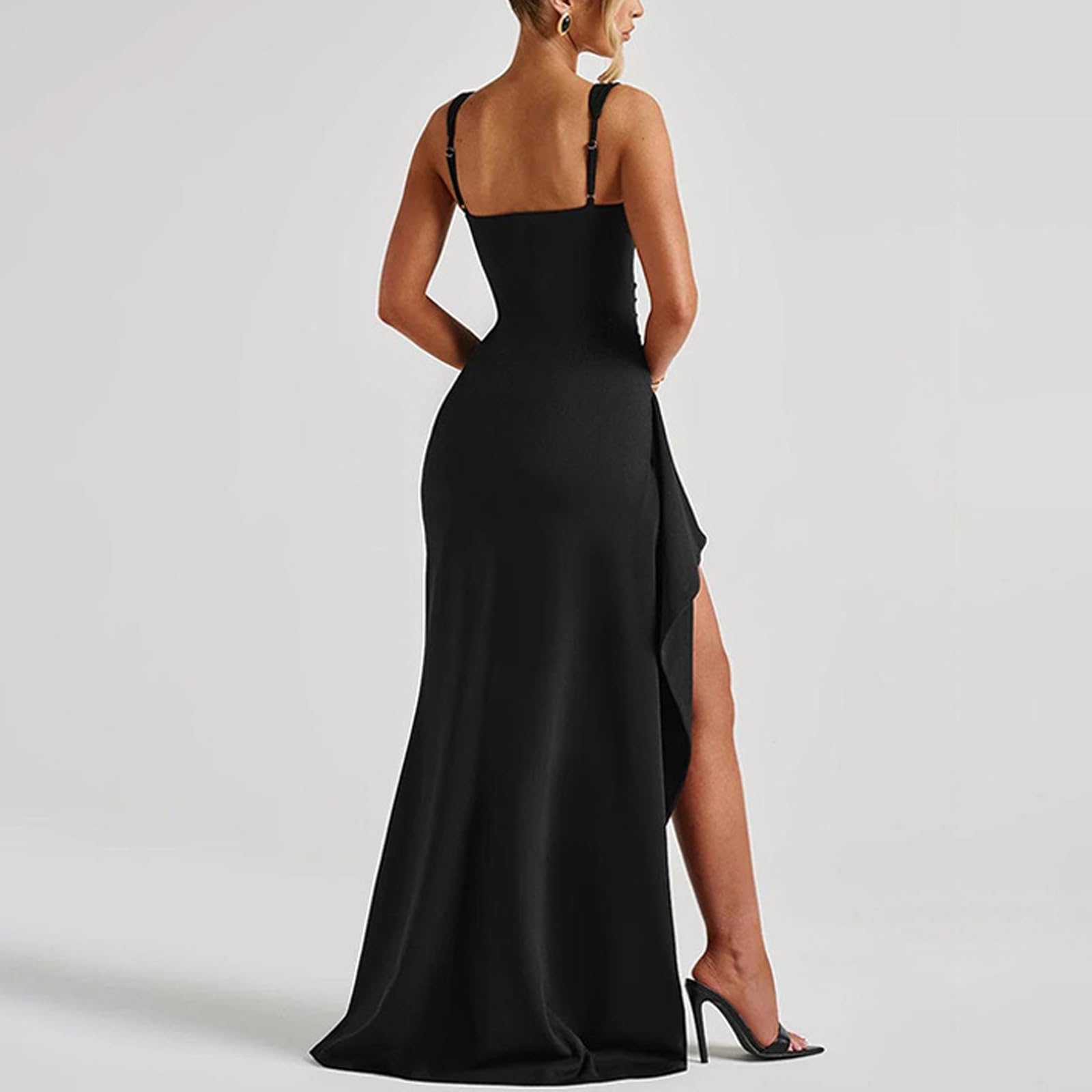 Damen Abendkleid Lang Sexy Ärmellos Maxikleid mit Schlitz Elegant Quadratischer Ausschnitt Wickelkleid Bodycon Festliche Sommerkleid Eng Hochzeit Cocktailkleid Ballkleid Partykleid